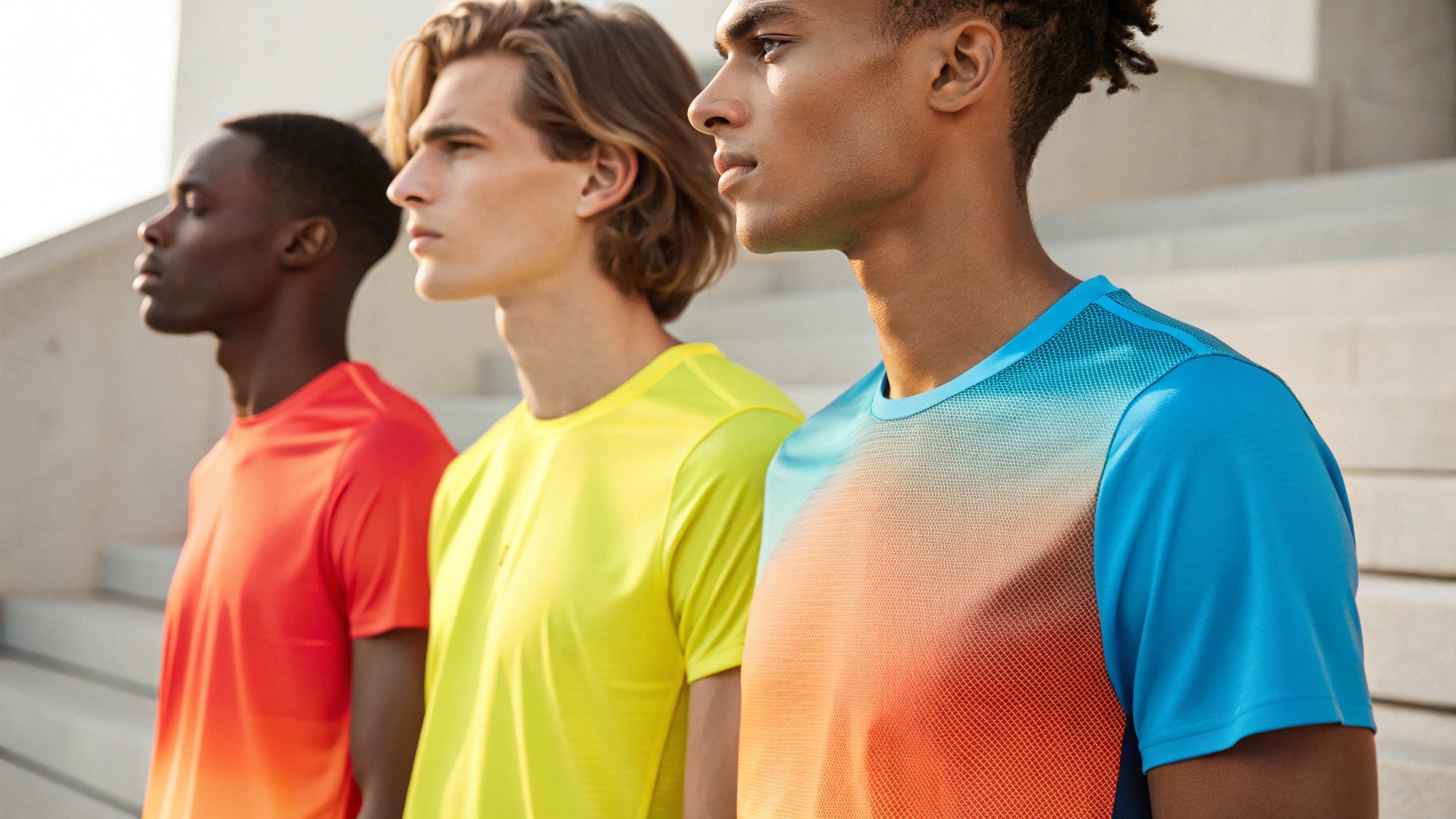 Photochromic T-shirt in action, with models wearing T-shirts that show subtle or dramatic color changes when exposed to sunlight. Close-up of the fabric reveals UV-reactive photochromic compounds. The T-shirts display vibrant colors indoors that shift to brighter hues when stepping into the sun, showcasing the smooth transition from muted tones to lively colors. The clean outdoor background with sunlight highlights the dynamic visual effect of photochromic technology