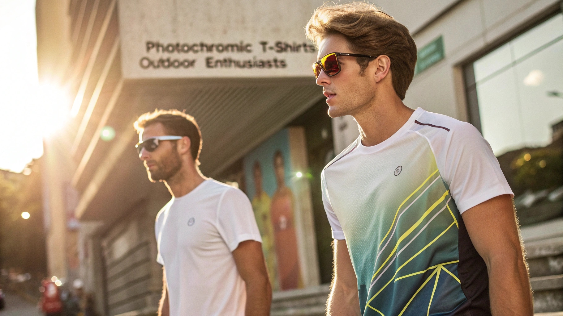 Practical uses of photochromic T-shirts featuring models wearing dynamic color-changing shirts in casual streetwear styles, athletes, and outdoor enthusiasts using the shirts in bright sunlight. The shirts showcase UV exposure monitoring with promotional custom T-shirts displaying logos or slogans visible only under sunlight. Branding and marketing visuals are set in vibrant outdoor environments, highlighting the dynamic and engaging color-change effects, blending fashion with functionality