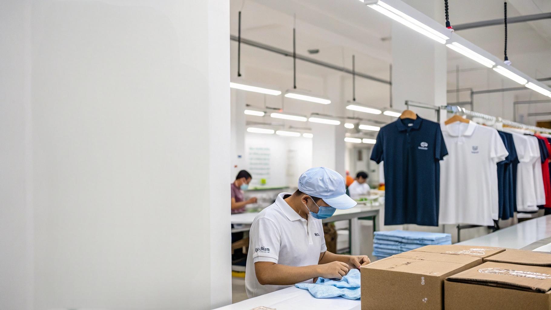 Premium T-shirt brand production process inside a private label factory featuring custom labels, branded trims, and eco-packaging, with hands measuring and inspecting fabric for small batch quality control, GOTS-certified cotton swatches on display, and an ethical production environment with fair-wage workers, all set in a clean, modern workspace reflecting a sustainable and luxury fashion aesthetic