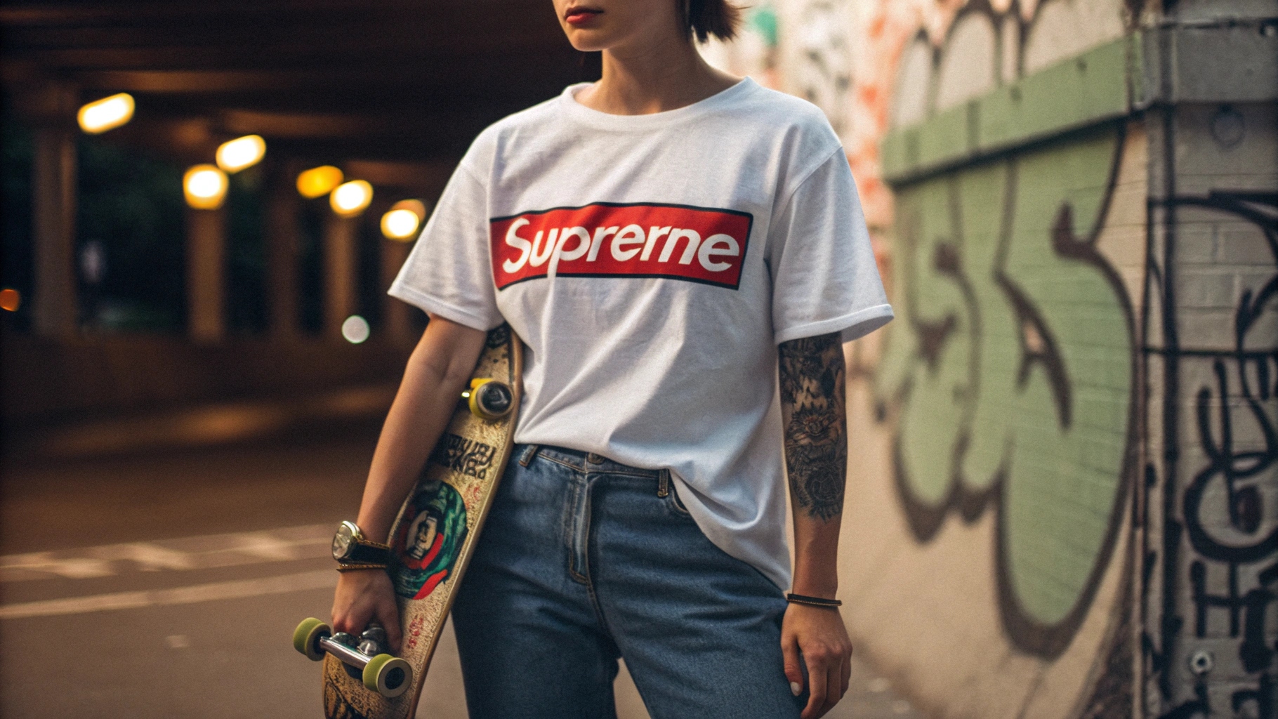 Model wearing a retro Supreme T-shirt with a bold graphic design and iconic logo print, showcasing the influence of skate culture and the vintage streetwear aesthetic. Set against an urban backdrop with graffiti, the model pairs the Supreme tee with skateboarding accessories, capturing the rebellious spirit of the 90s. Soft lighting highlights the iconic design and fabric texture, emphasizing the T-shirt's timeless appeal.