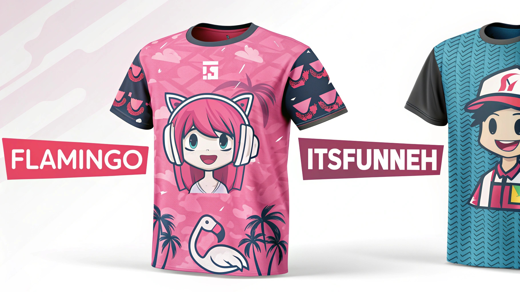 Colorful digital display of Roblox avatar T-shirts inspired by popular creators like Flamingo and ItsFunneh, featuring bold logos, catchy phrases, and cartoon-style graphics. Displayed in a vibrant virtual storefront with limited edition drop countdown banners and creator-brand collab visuals. Stylized layout reflecting high engagement and trending youth digital fashion.