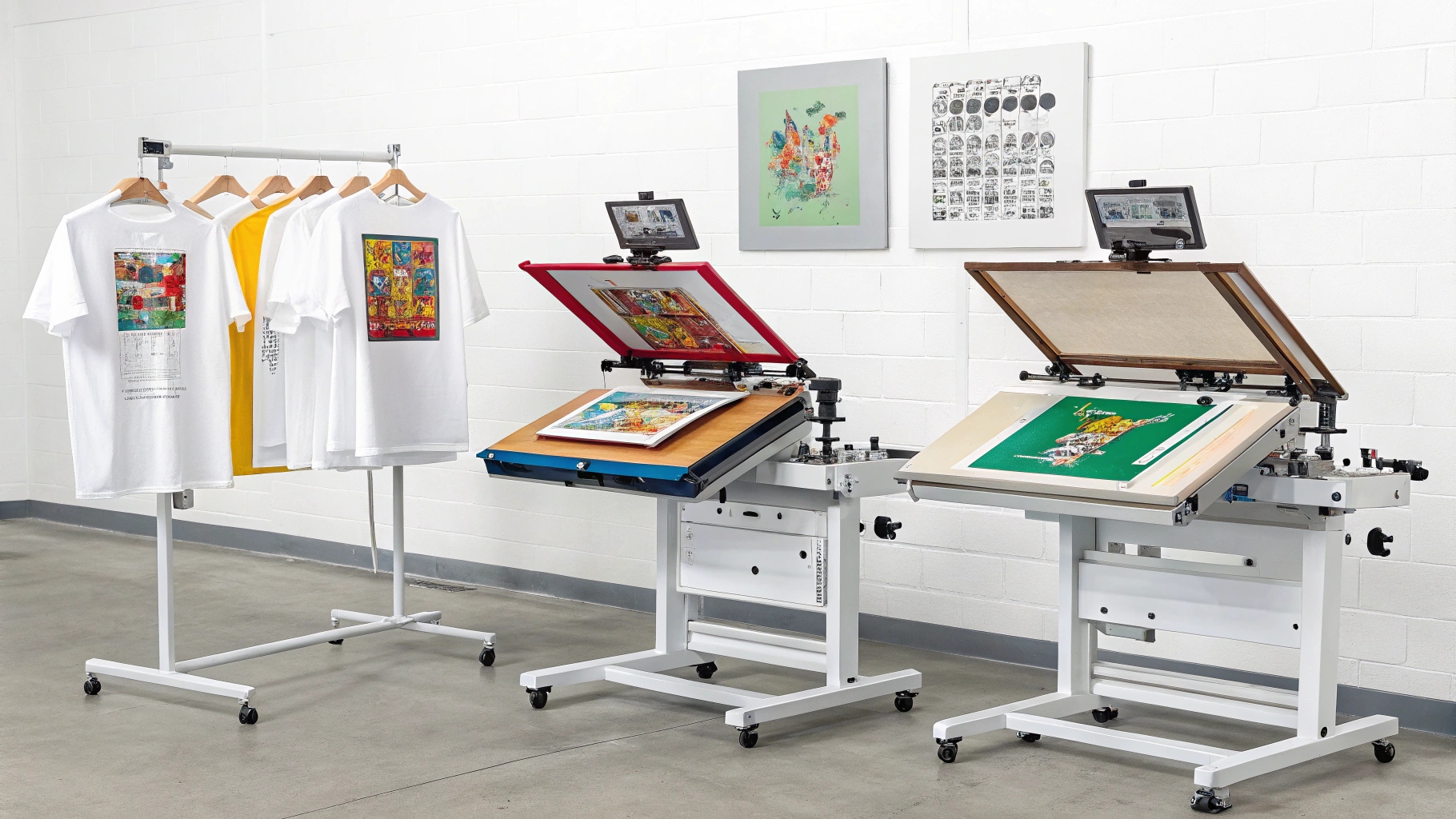 A bright, clean studio showing three labeled T-shirt printing workstations. One features mesh screens applying vibrant ink layers for bulk screen printing. Another shows a DTG printer spraying detailed artwork onto a 100% cotton shirt. A third station uses a heat press for photo-quality transfers or personalized names. Sample shirts and realistic textures of cotton and ink highlight each method’s precision and application.