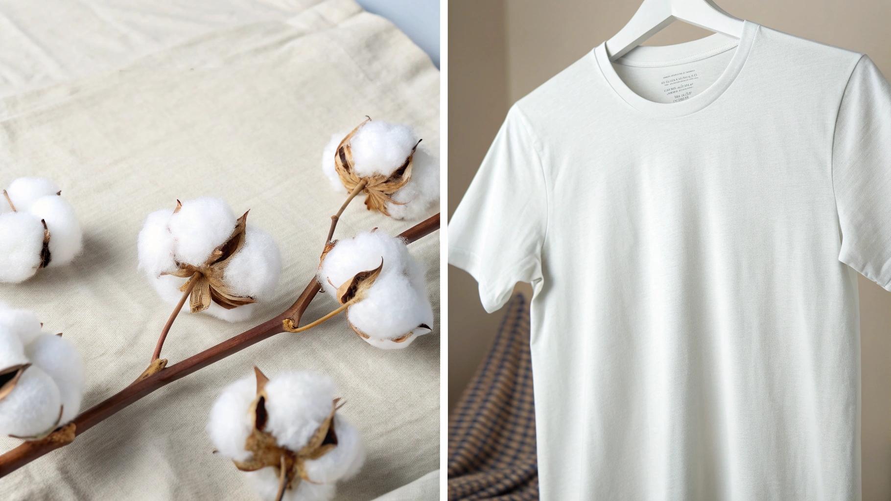 Side-by-side comparison of cotton T-shirt durability showing close-up of premium long-staple or Egyptian cotton fibers with tight weave and high thread count, labeled fabric swatches in a clean textile studio, T-shirts that resist pilling after multiple washes, contrasted with synthetic fabrics breaking down from heat and friction, aged cotton becoming softer over time for enhanced comfort