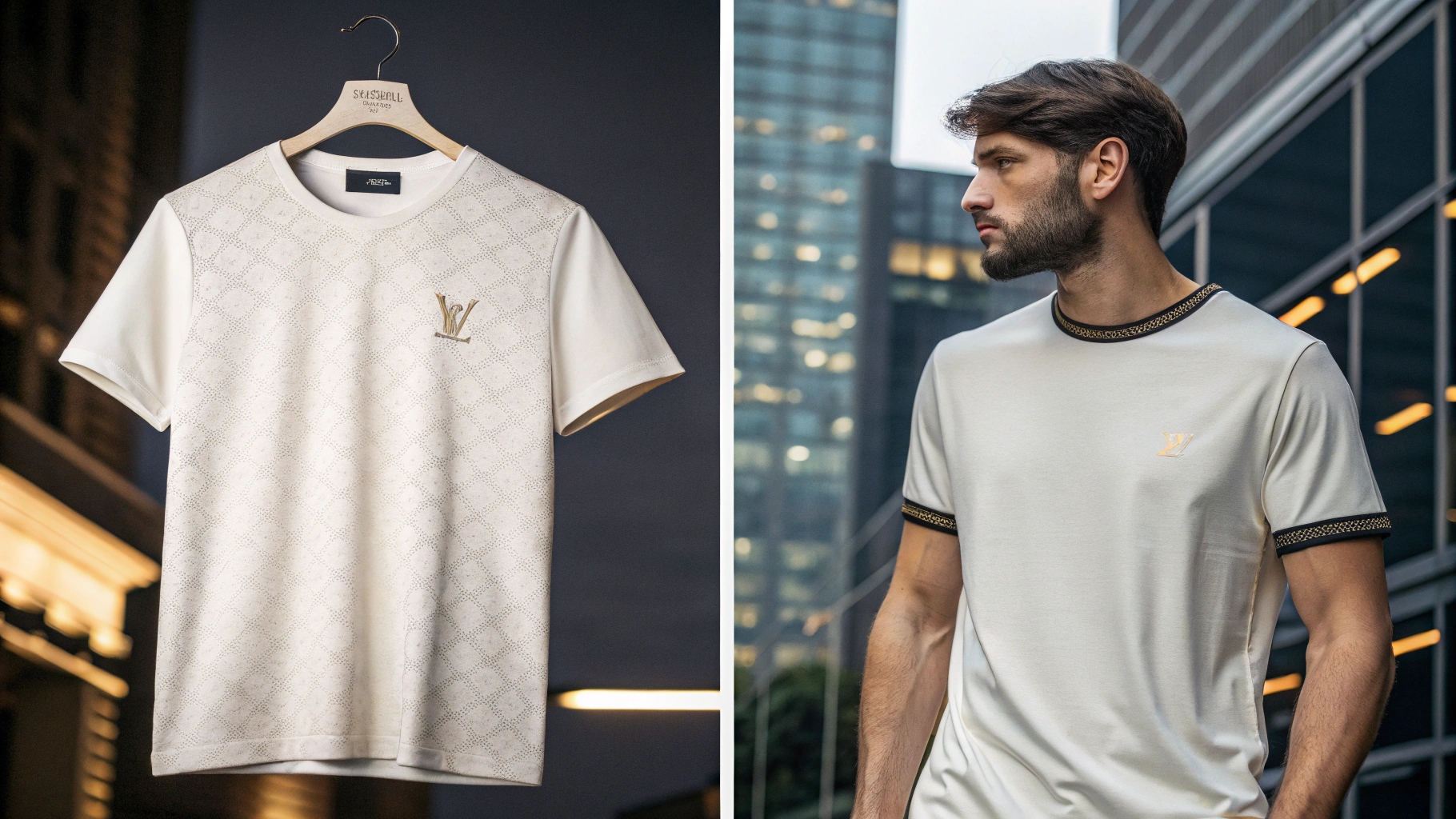 Side-by-side comparison of a luxury T-shirt and a streetwear T-shirt: on the left, a luxury T-shirt made from premium cotton, silk blends, or merino wool, with soft fabric texture and an elegant design featuring a subtle logo; on the right, a streetwear T-shirt made from heavyweight cotton or polyester blends, showcasing a bold graphic design and casual street style. The modern urban background and lighting emphasize the fabric differences and textures.