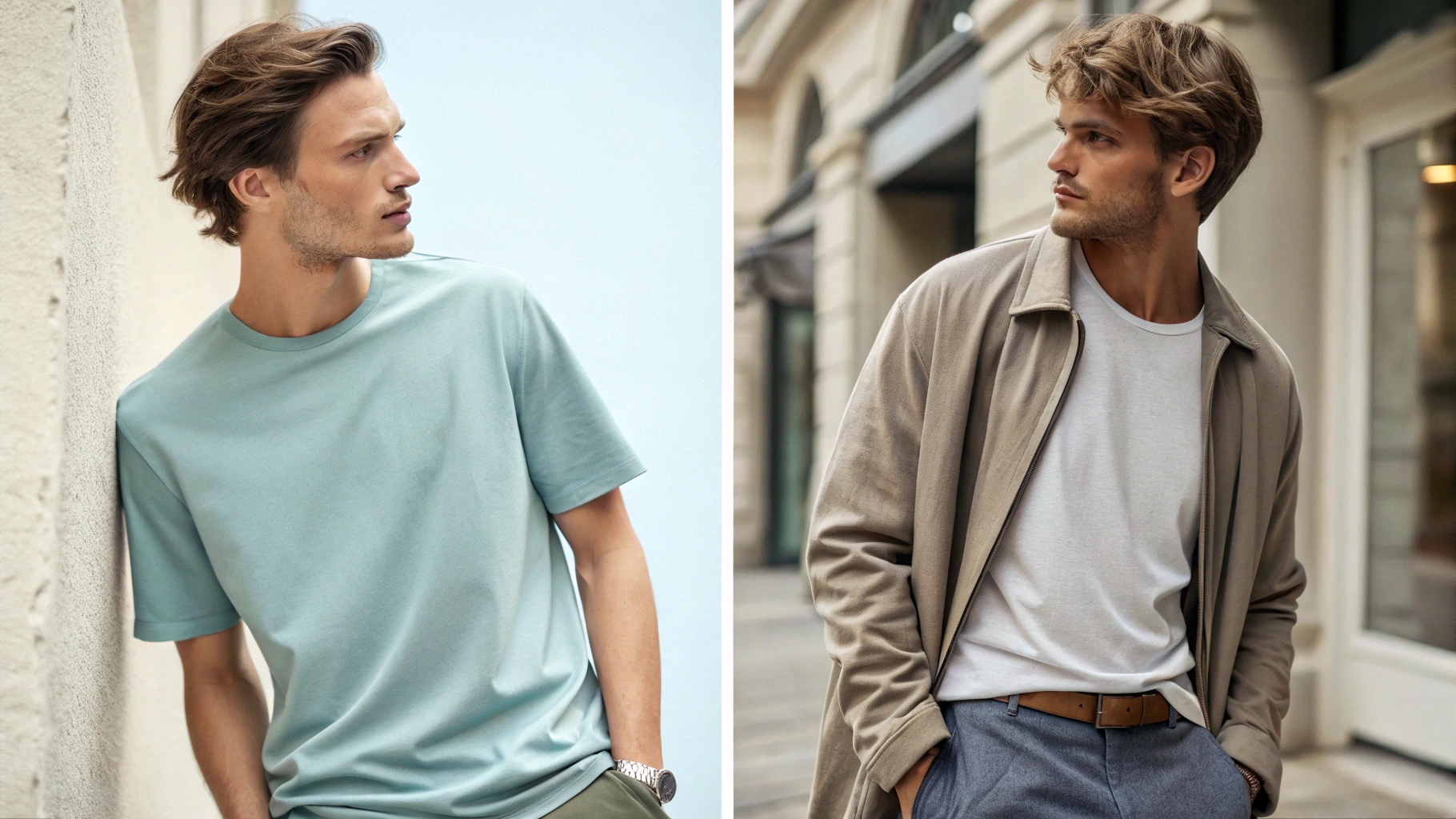 Side-by-side comparison of models wearing oversized and regular fit T-shirts — showcasing relaxed drape versus structured fit, highlighting fabric weights (6–8 oz heavyweight cotton vs 4–5 oz lightweight cotton); one styled in a lounging streetwear look, the other layered with a light casual jacket; breathable textures visible under natural lighting in editorial photography style.
