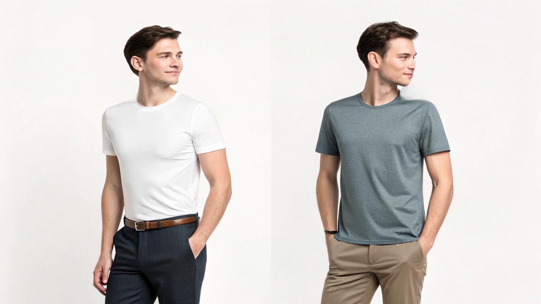 Side-by-side comparison of premium T-shirt fits featuring tailored silhouettes with perfect shoulder alignment, proper sleeve angle, and consistent body length, with models wearing slim-fit and boxy-cut tees, demonstrating fabric drape and stretch recovery after washing, including close-up views of smooth cotton structure and elasticity, all set in a clean fashion studio background for an educational and high-end style guide