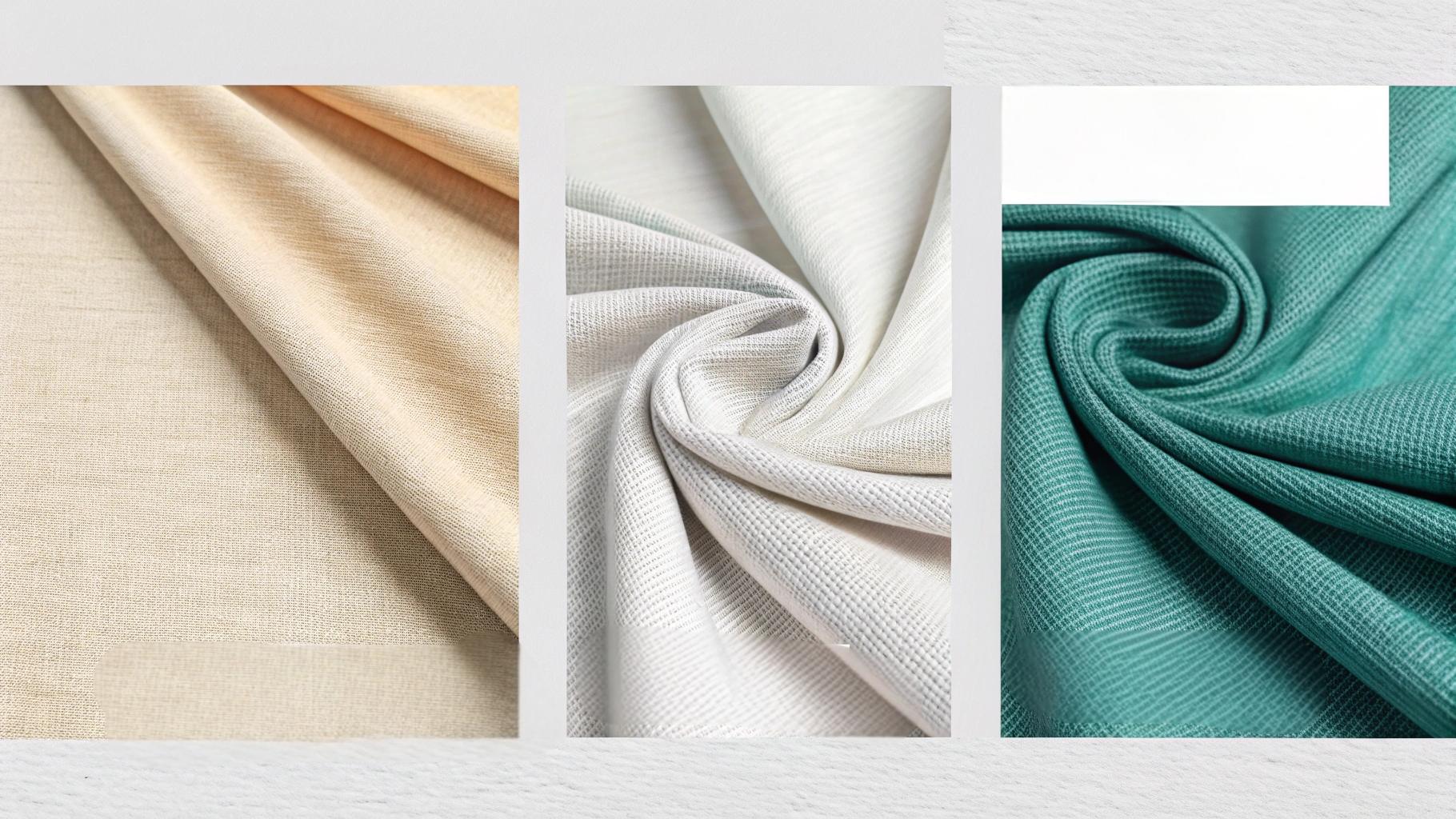 Side-by-side fabric showcase for summer T-shirts featuring lightweight combed cotton with soft texture and sweat absorption, linen-cotton and linen-rayon blends for breathability and reduced wrinkles, and performance polyester blends with moisture-wicking tags. Fabric swatches are clearly labeled and displayed under bright natural light in a clean fashion studio setting, providing an educational textile layout for optimal hot weather wear