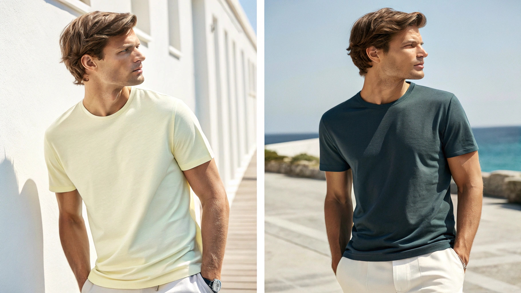 Side-by-side summer T-shirt color comparison showing models wearing light-colored tees (white, beige, pastel mint, lemon yellow) and dark-colored tees (black, navy, charcoal) under bright sunlight. Visual contrast highlights heat absorption and sweat visibility. Styled in outdoor summer settings with a clean and breathable fashion vibe, focusing on color psychology and comfort during hot weather
