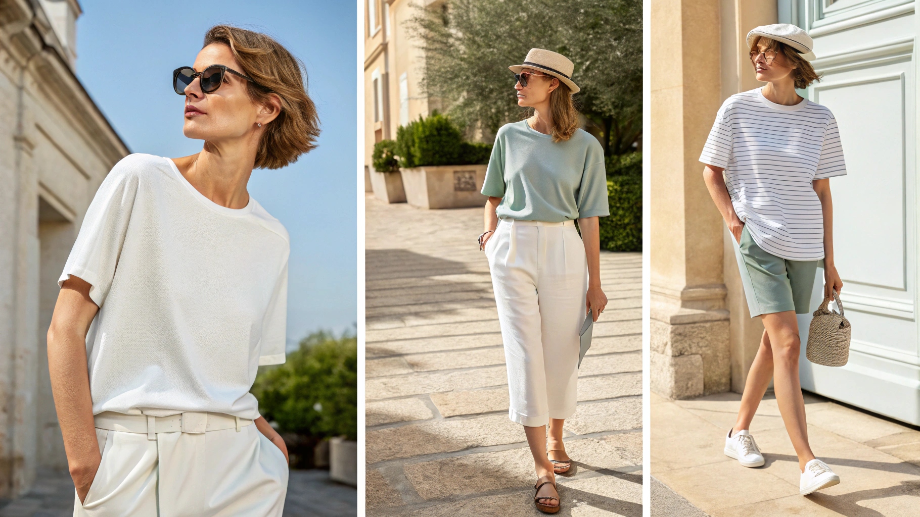 Side-by-side comparison of summer T-shirt fits including relaxed and classic cuts with loose silhouettes for better airflow, and oversized tees styled with shorts and trousers. Short sleeves and slightly extended hems enhance breathability. Diverse models are shown in bright outdoor settings, creating a casual and comfortable summer vibe with fashion-forward yet heat-friendly styling
