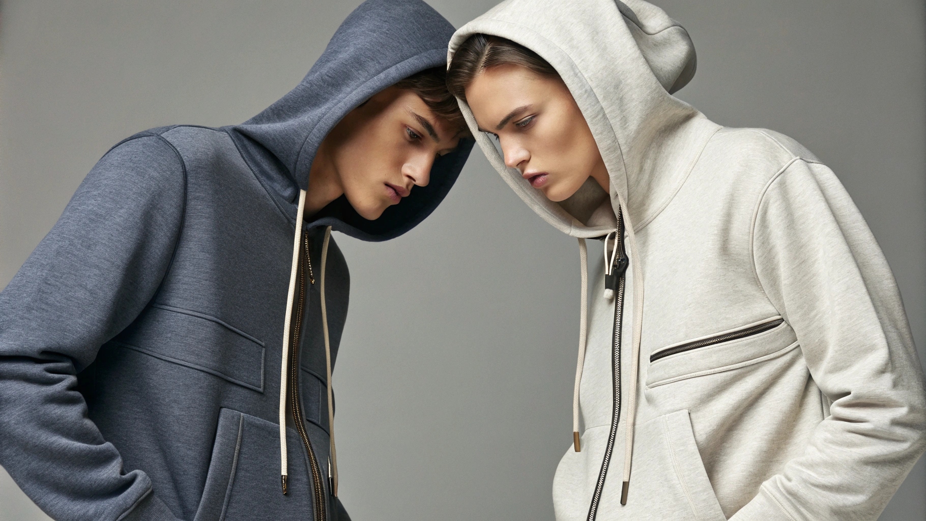 Two models wearing hoodies made from different fabrics: one in a heavy fleece or thick cotton blend hoodie, and the other in a lighter jersey cotton hoodie. The models showcase design elements like large pockets, zippers, and extra layers, emphasizing how fabric type and design affect the weight and construction of each hoodie. The scene highlights the contrast in weight and feel between the two styles