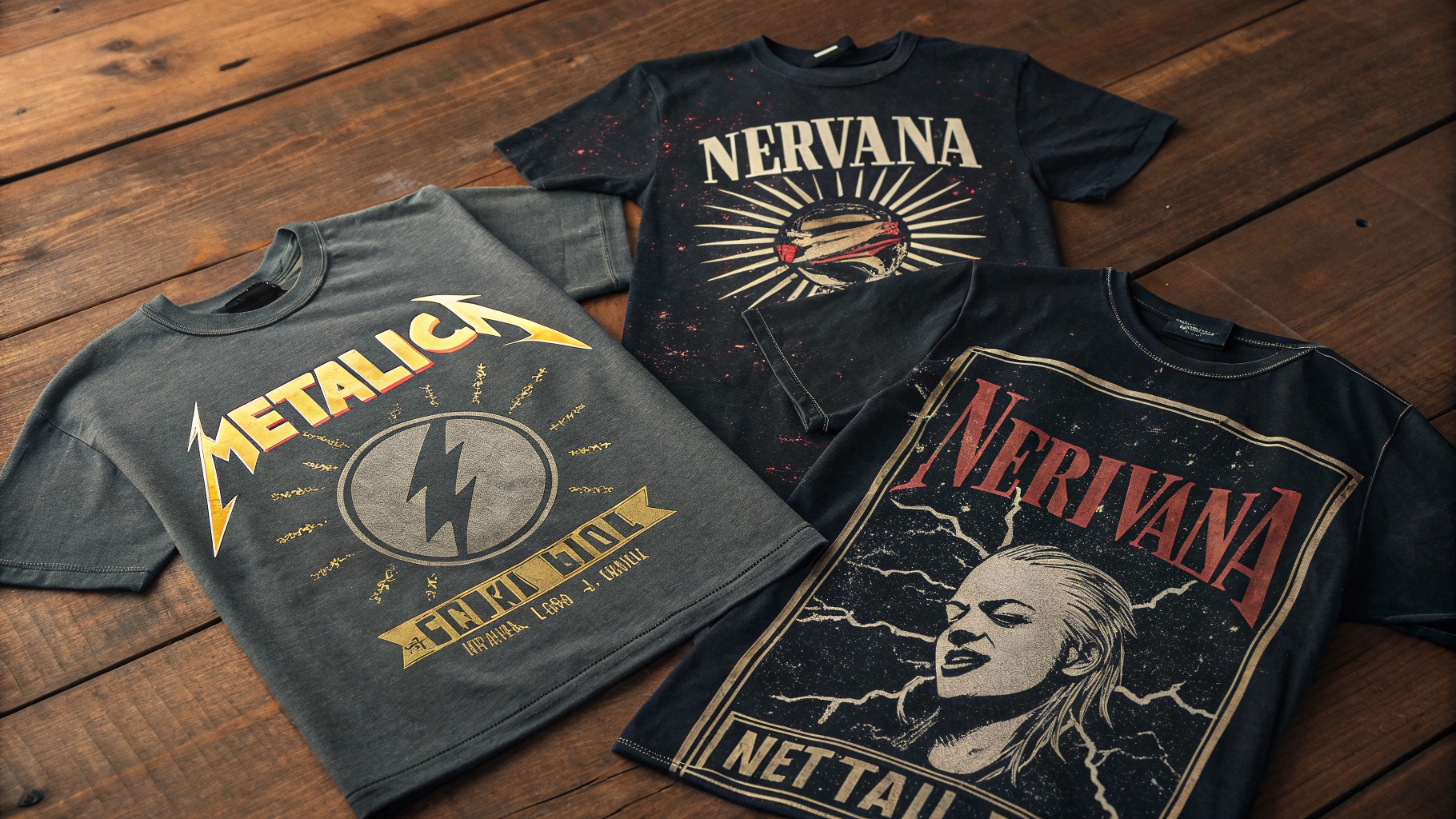 Starinske majice z motivi skupin, položene na ravno površino z originalnimi grafikami turnej Metallice in Nirvane iz 90. let prejšnjega stoletja z razpokanimi sitotiski, obledelim črnim in sivim bombažem ter obrabljeno tkanino; oblikovane na rustikalni leseni mizi z naravno, čudežno osvetlitvijo, ki vzbujajo nostalgično estetiko punka in grungea ter zbirateljski pridih ulične mode.