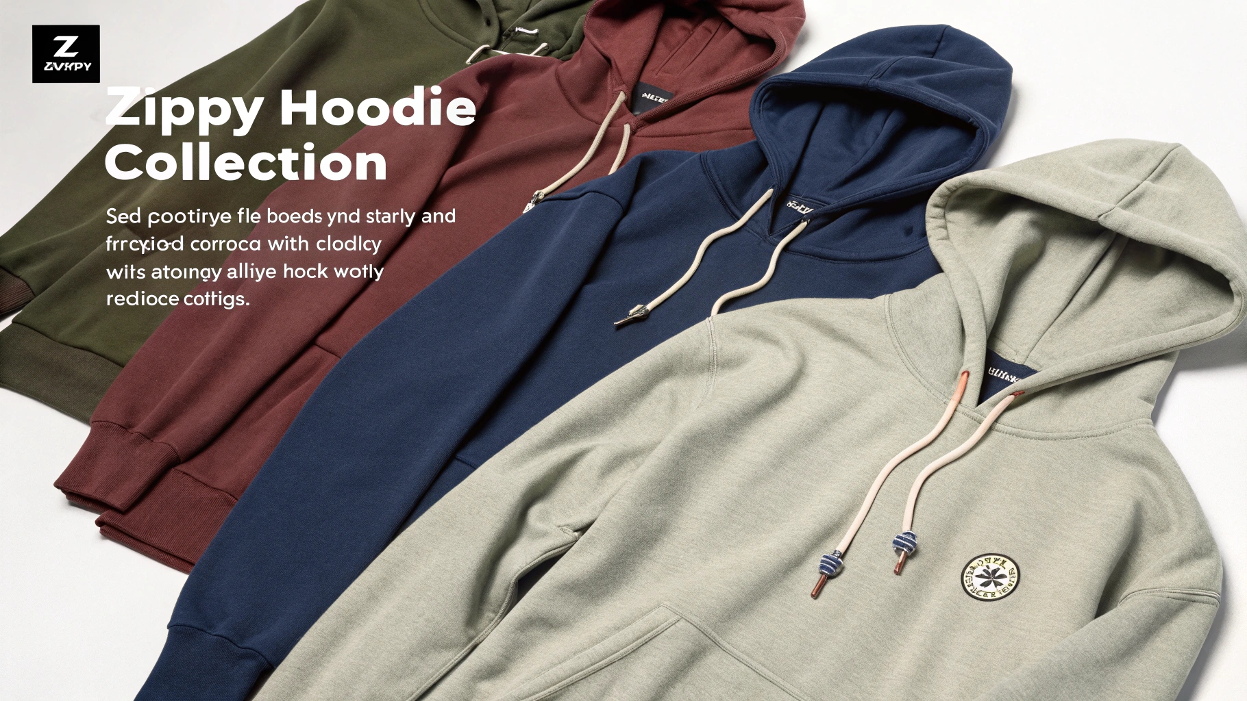A range of Zipy hoodies in various designs and colors, praised for comfort and warmth. Showcasing relaxed, cozy vibes with fabric details that subtly highlight durability concerns and wear after washing, balancing affordability with quality.