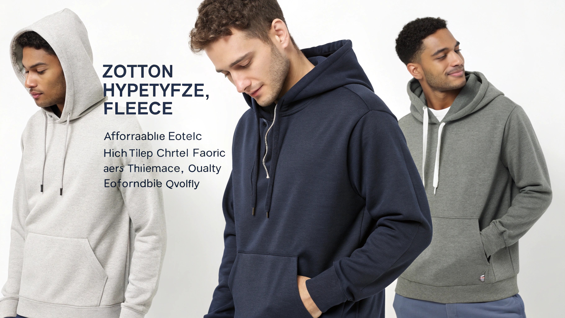 A collection of Zipy hoodies made from cotton, polyester, and fleece blends, showcasing durability, comfort, and high-quality materials in relaxed, casual settings. Focus on textures, stitching, and wear over time.